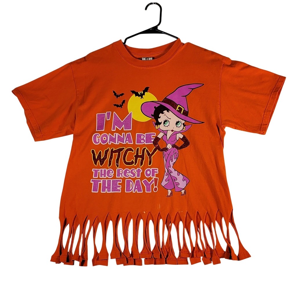 Betty‎ Boop Witch Halloween Orange T Shirt Fringe Top Women's Large Y2k vintage